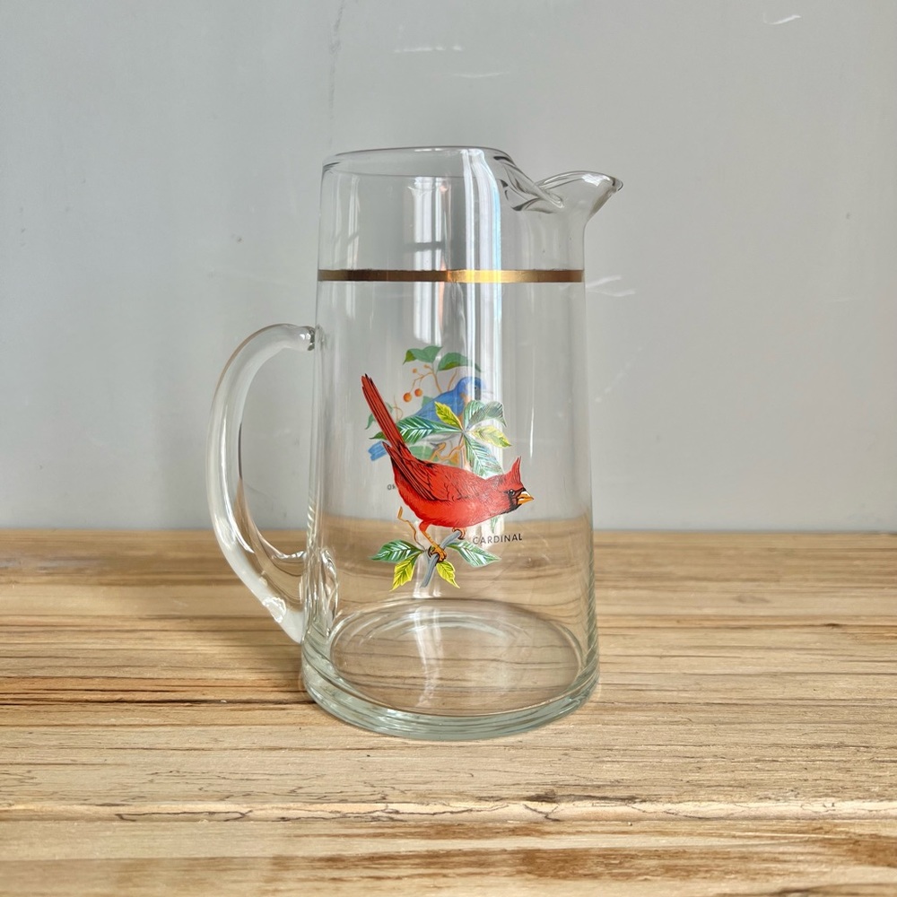 Vintage Weston West Virginia Pitcher Glass Birds Cardinal Blue Jay